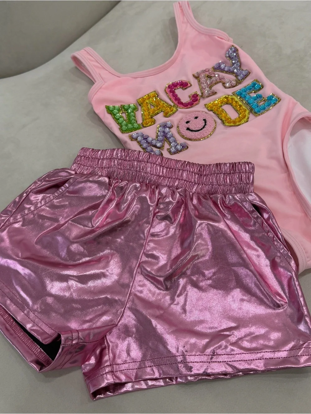 Kids Pink One-Piece Swimsuit with Sequin 'VACAY MODE' and pink shorts